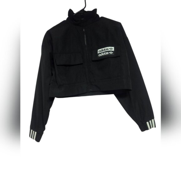 Adidas Black Cropped Windbreaker Jacket with Sporty Stripes - Picture 1 of 12